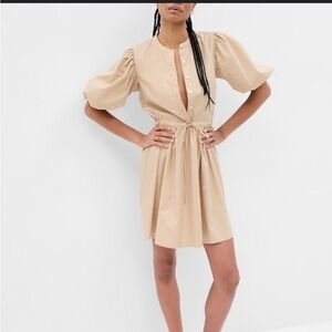 GAP Khaki button Puff Sleeve tie front short Dress sz XS worn once
